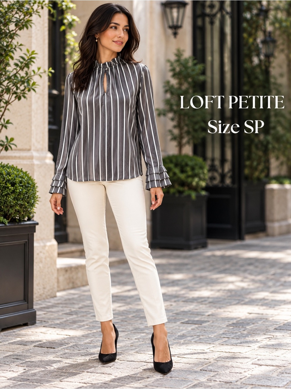 LOFT Outlet Petite Striped Ruffle Cuff Blouse Charcoal Ivory SP
